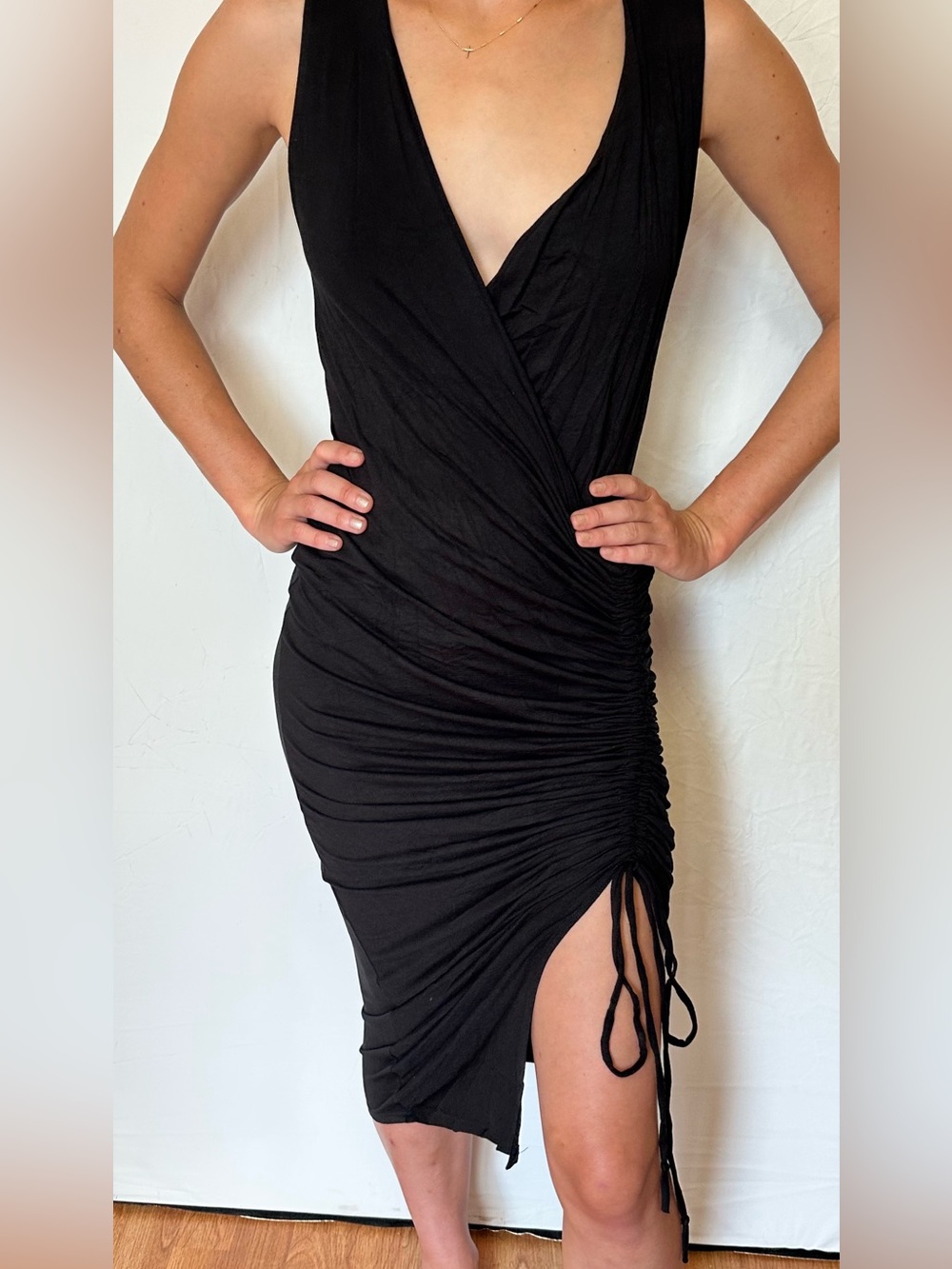 Sleeveless Black Gathered Midi Dress with Side Tie